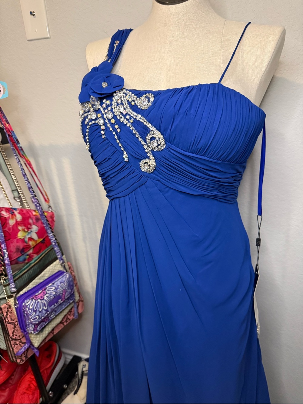One-Shoulder Royal Blue Evening Gown with Crystal Embellishment